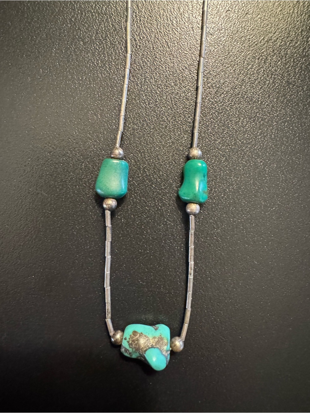 Vintage Sterling Silver Liquid Silver Turquoise Nugget Necklace - 15”